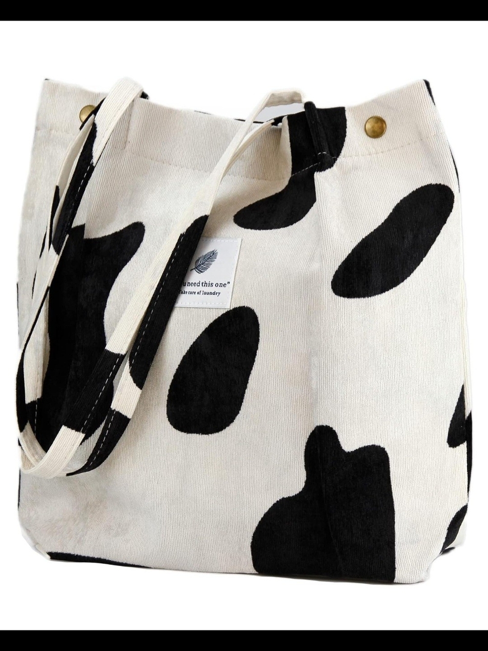 Corduroy Cow-Print Tote Bag in Black and Cream